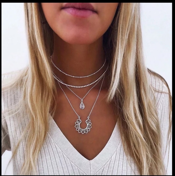 NEW Silver 2 pc Layered Lotus Water Drop Necklace - Picture 2 of 8